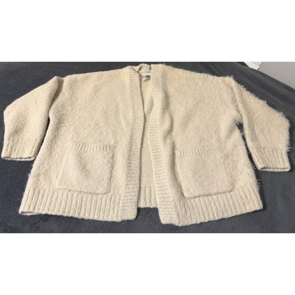 American Eagle Cream Fuzzy Open Front Cardigan with Pockets Size L